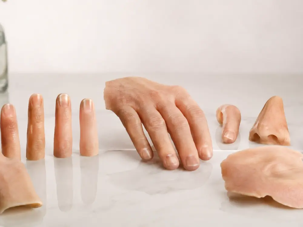 A diverse collection of hyper-realistic custom silicone prostheses, including individual fingers, a partial hand, a nose, an ear, and a facial piece, displayed on a clean, bright surface.